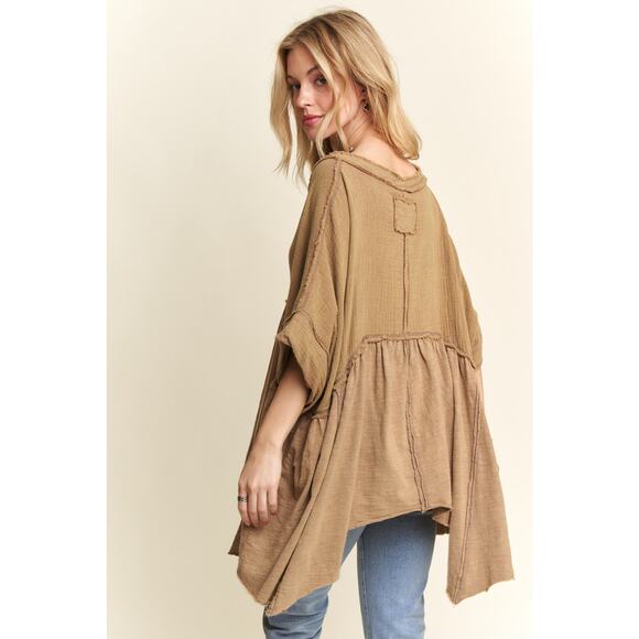 ADORA Oversized Vintage Raw Edge Detail Mineral Wash Flare Babydoll Top | Beige - Picture 6 of 6